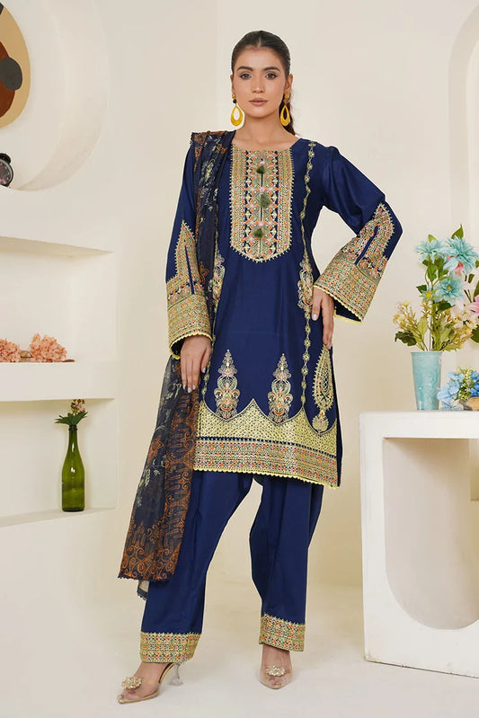 Threads & Weaves - Embroidered Lawn 3 Piece Suit - Royal Blue