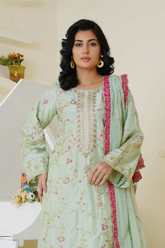 Threads & Weaves - Embroidered Viscose 3 Piece Suit - Mint Green & Pink
