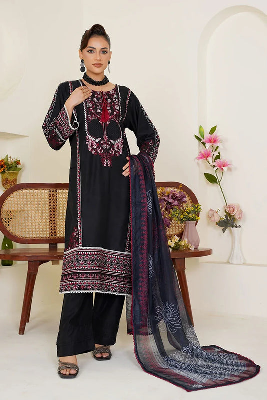 Threads & Weaves - Embroidered Viscose 3-Piece Pret Suit - Black & Maroon