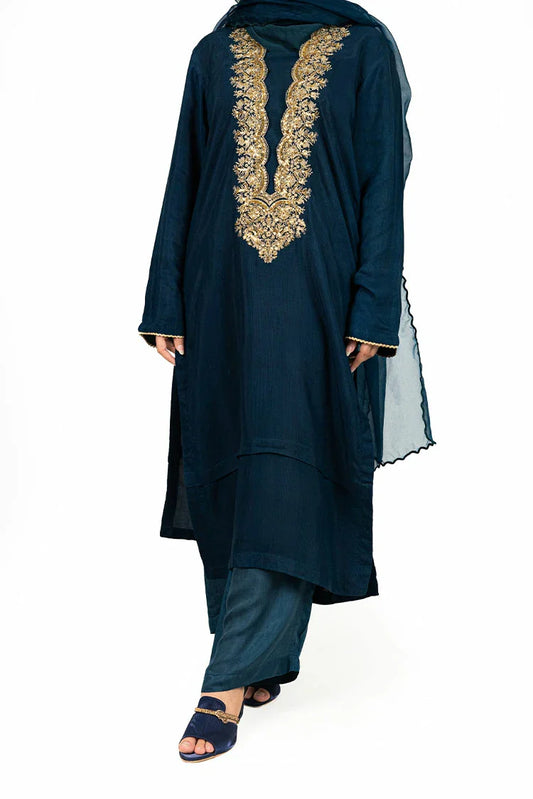 6Teen - 3 Piece - Raw Silk Blue Embroidered Suit