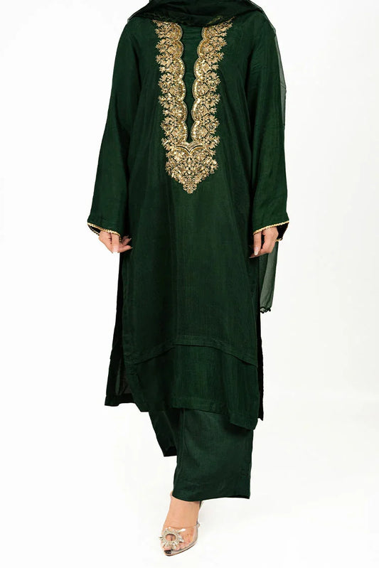 6Teen - 3 Piece - Raw Silk Green Embroidered Suit