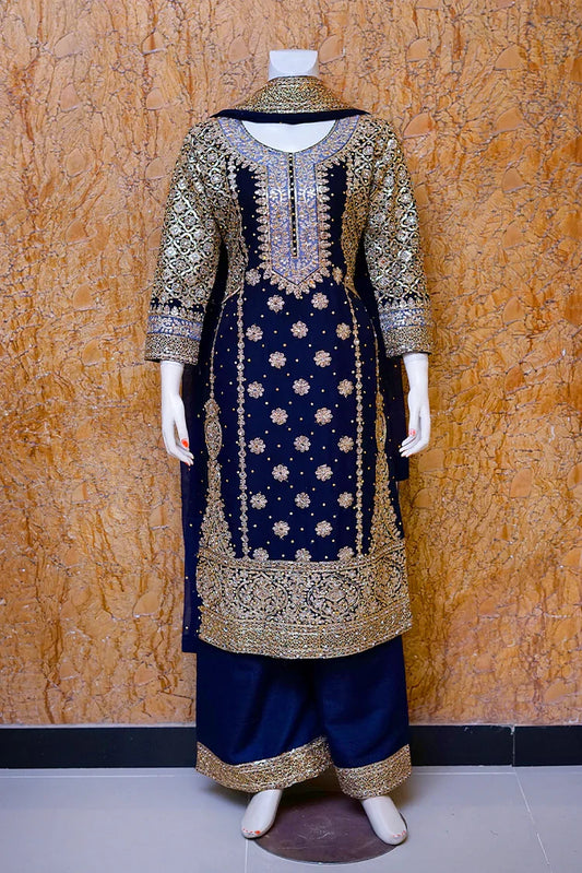 Saira Sultana - Long Shirt Plazo - Areesh - Navy Blue
