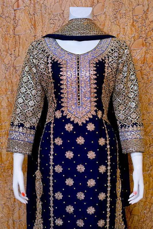 Saira Sultana - Long Shirt Plazo - Areesh - Navy Blue