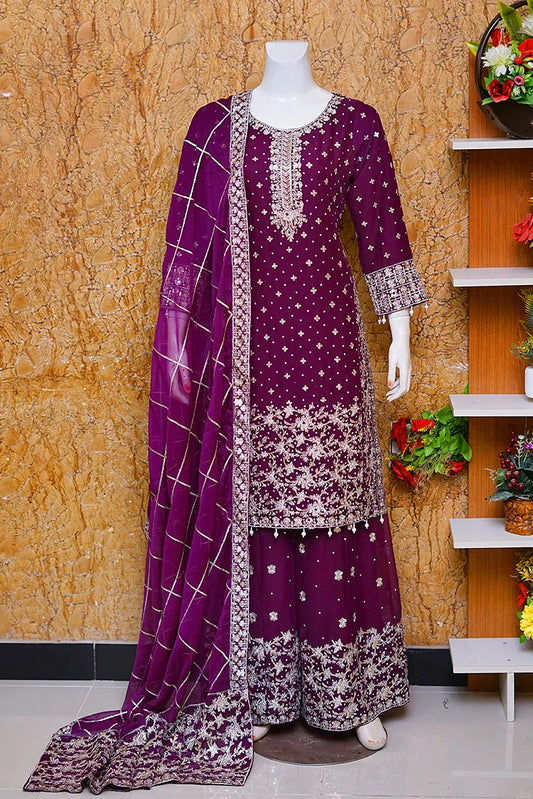 Saira Sultana - Long Shirt Plazo - Mahrosh - Plum