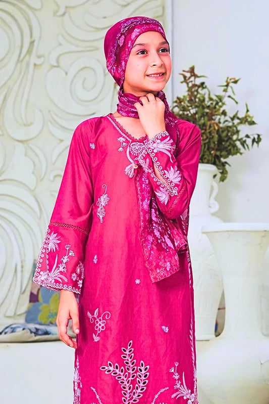 Suntex Fabrics - 3 Piece Girls Lawn Embroidered Suit - Magenta Blossom
