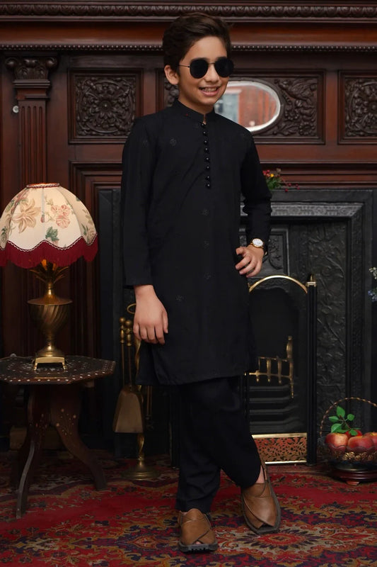 Maqsood Garments - Embroidered Kid's Wash & Wear Kameez Shalwar - Black