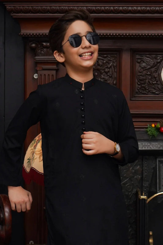 Maqsood Garments - Embroidered Kid's Wash & Wear Kameez Shalwar - Black