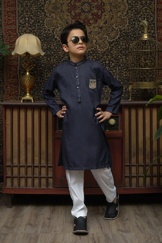 Maqsood Garments - Patched Kid's Wash & Wear Kurta - Navy Blue