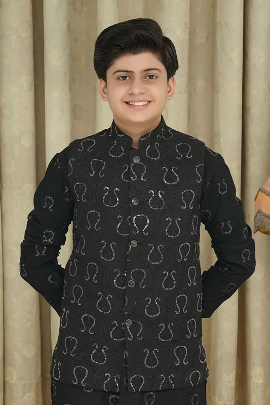 Maqsood Garments - Sequence Embroidery Kid's Waistcoat - Black
