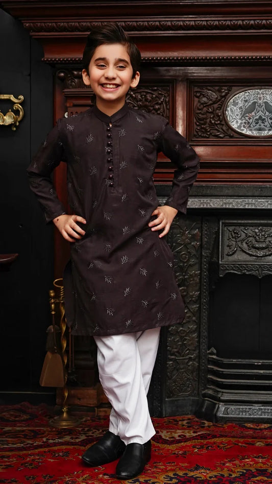 Maqsood Garments - Embroidered Kid's Kurta - Chocolate Brown