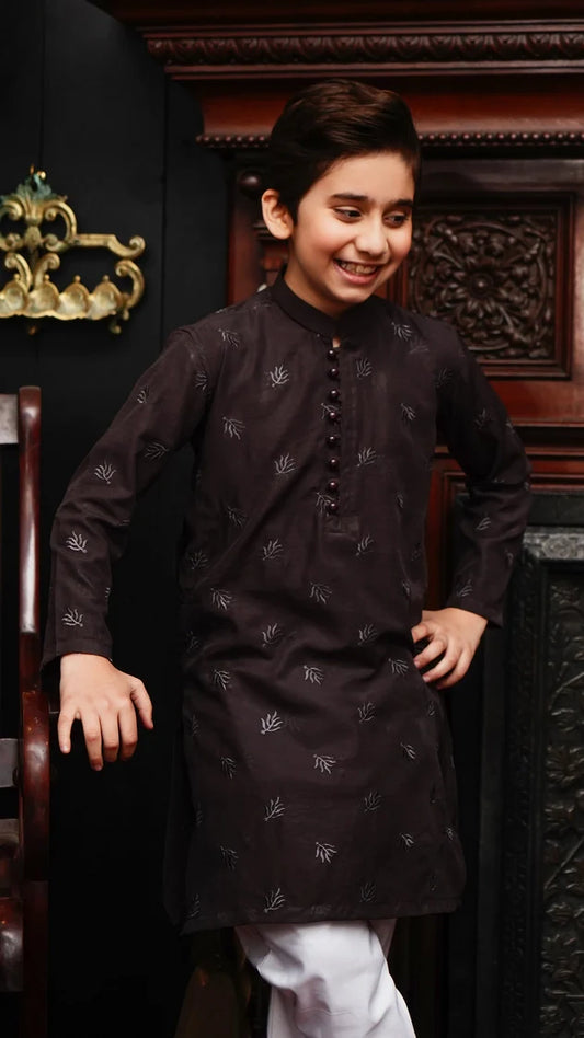 Maqsood Garments - Embroidered Kid's Kurta - Chocolate Brown