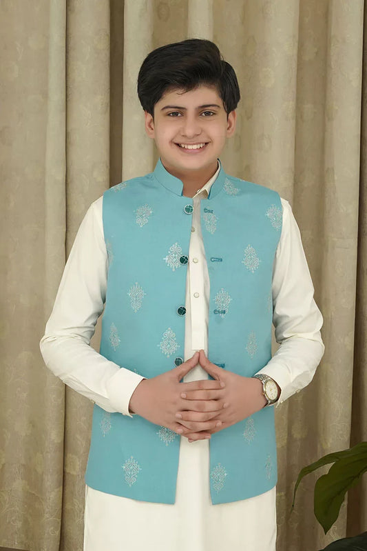 Maqsood Garments - Embroidery Kid's Waistcoat - Ferozi