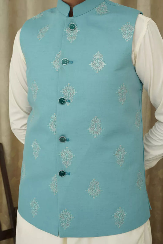 Maqsood Garments - Embroidery Kid's Waistcoat - Ferozi