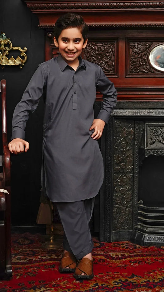 Maqsood Garments - Collar Kid's Wash & Wear Kameez Shalwar Gray