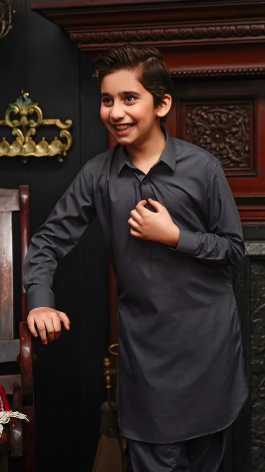 Maqsood Garments - Collar Kid's Wash & Wear Kameez Shalwar Gray