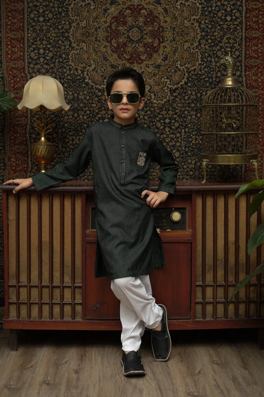 Maqsood Garments - Patched Kid's Kurta - Dark Green