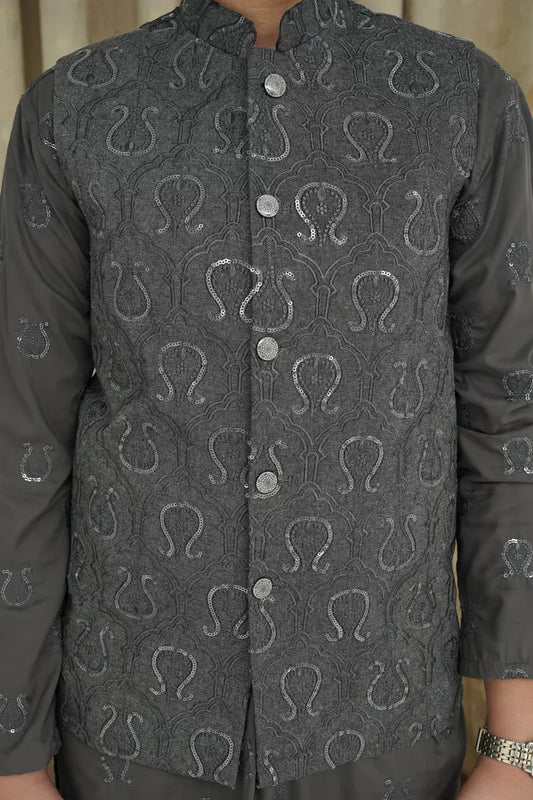 Maqsood Garments - Sequence Embroidery Kid's Waistcoat - Gray
