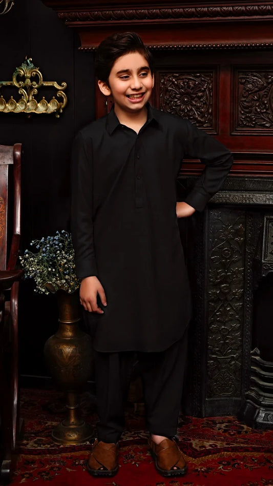 Maqsood Garments - Collar Kid's Wash & Wear Kameez Shalwar - Jet Black