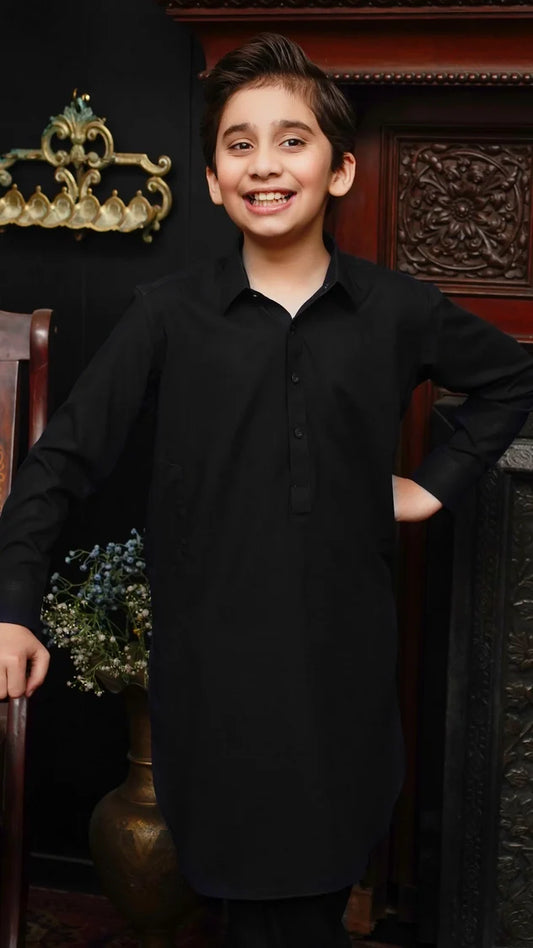 Maqsood Garments - Collar Kid's Wash & Wear Kameez Shalwar - Jet Black