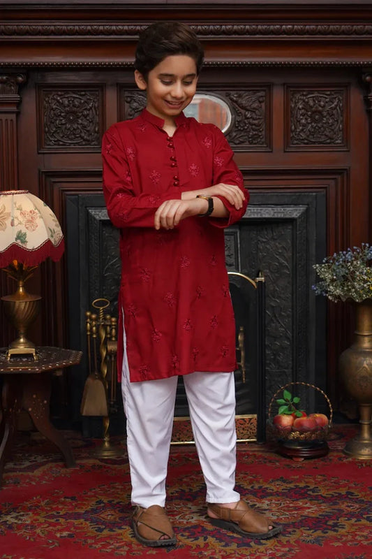 Maqsood Garments - Embroidered Kid's Cotton Kurta - Red