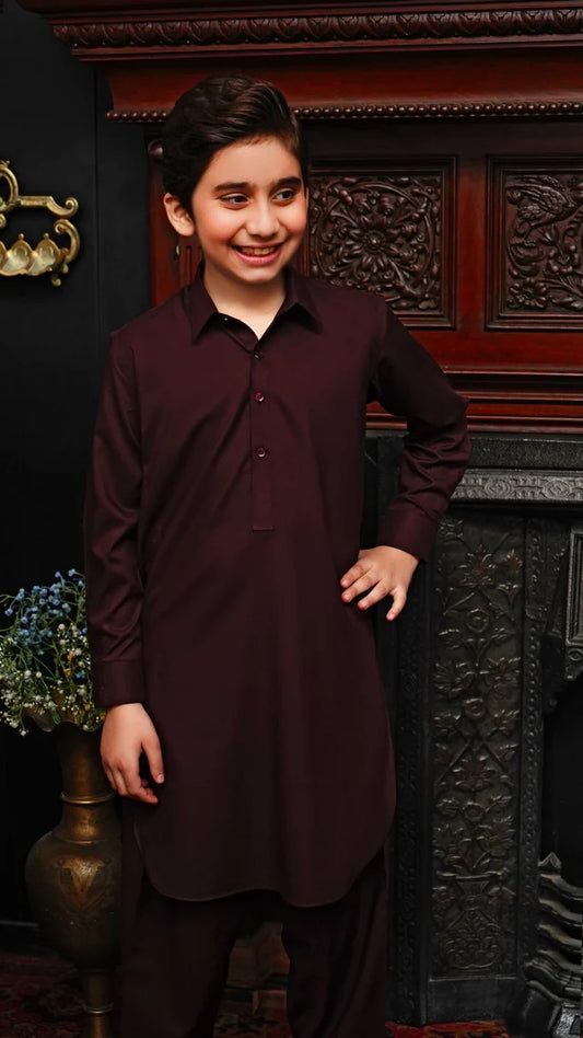 Maqsood Garments - Collar Kid's Wash & Wear Kameez Shalwar - Maroon