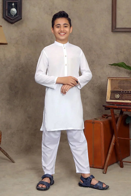 Maqsood Garments - Cotton Kid's Kameez Shalwar - White