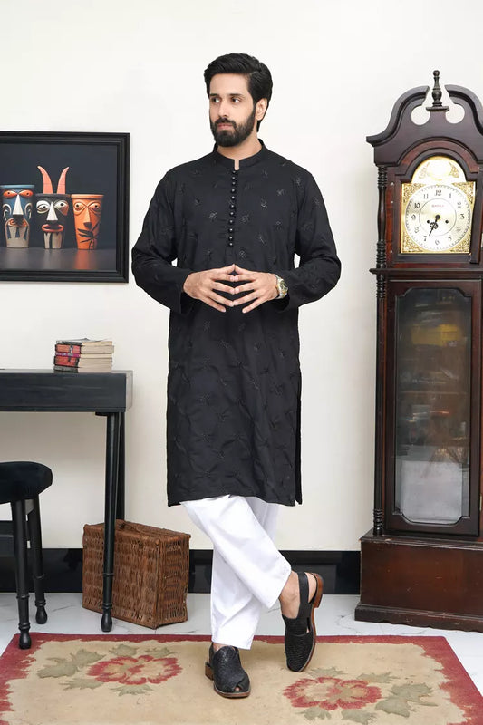 Maqsood Garments - Embroided Men's Kurta - Jet Black