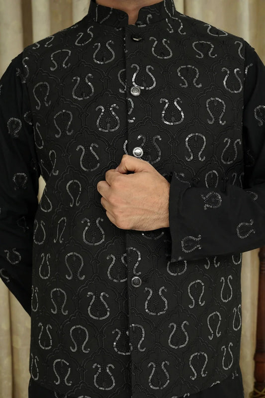 Maqsood Garments - Sequence Embroidery Men's Waistcoat - Black
