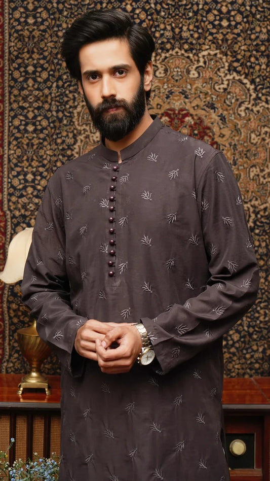 Maqsood Garments - Embroidered Men's Kurta - Chocolate Brown