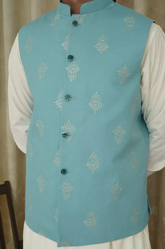 Maqsood Garments - Embroidery Men's Waistcoat - Ferozi