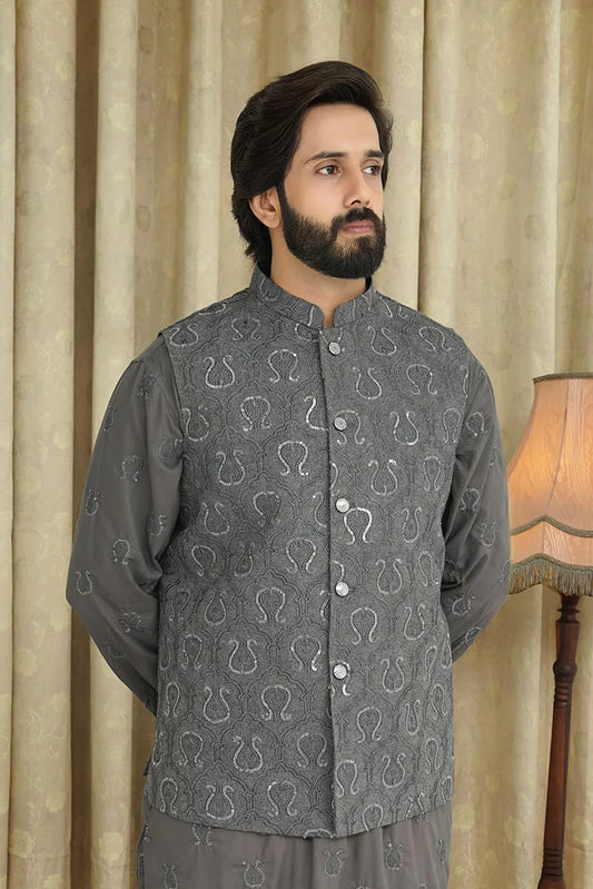 Maqsood Garments - Sequence Embroidery Men's Waistcoat - Grey