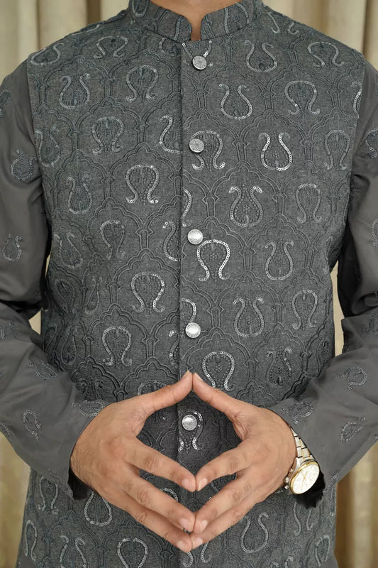 Maqsood Garments - Sequence Embroidery Men's Waistcoat - Grey