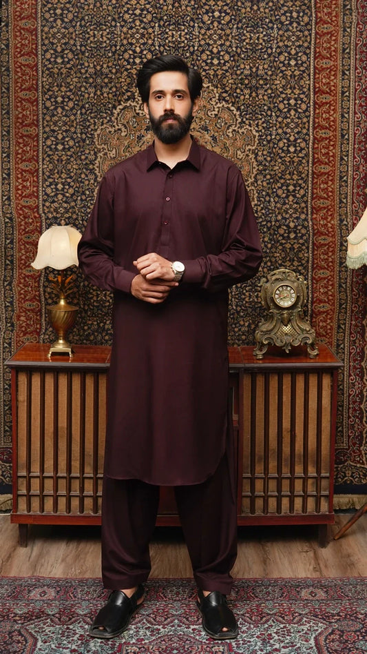 Maqsood Garments - Collar Wash & Wear Men's Shalwar Kameez - Maroon