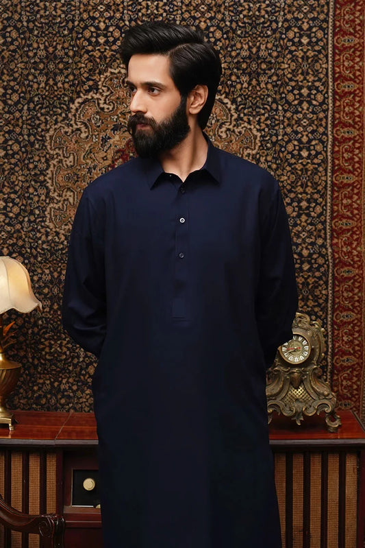 Maqsood Garments - Collar Wash & Wear Men's Shalwar Kameez - Navy Blue