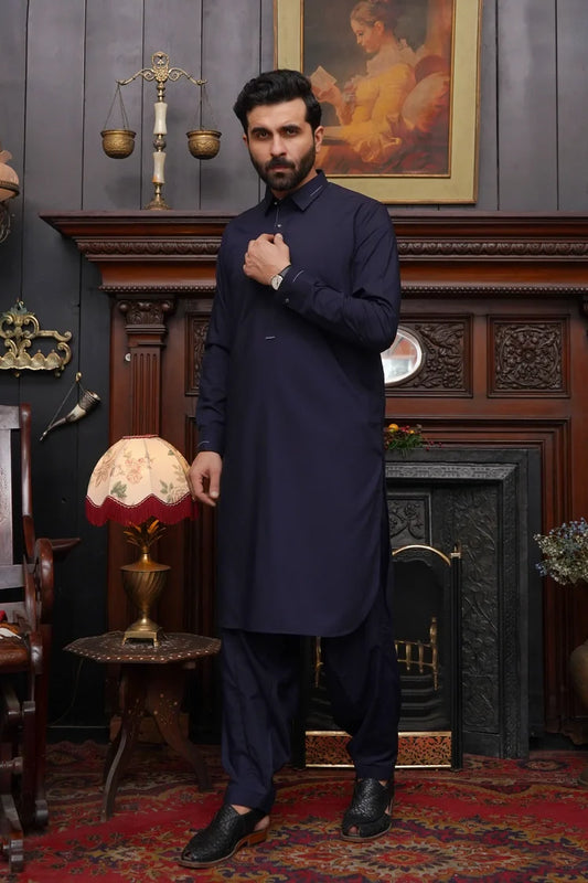 Maqsood Garments - Men's Wash & Wear Shalwar Kameez With Collar - Navy Blue