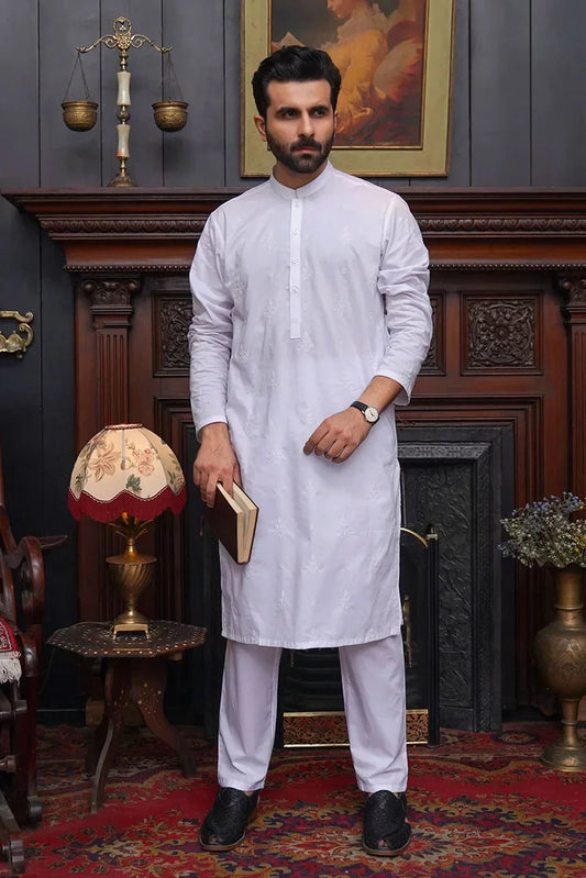 Maqsood Garments - Cotton Embroidered Men's Kameez Shalwar - White