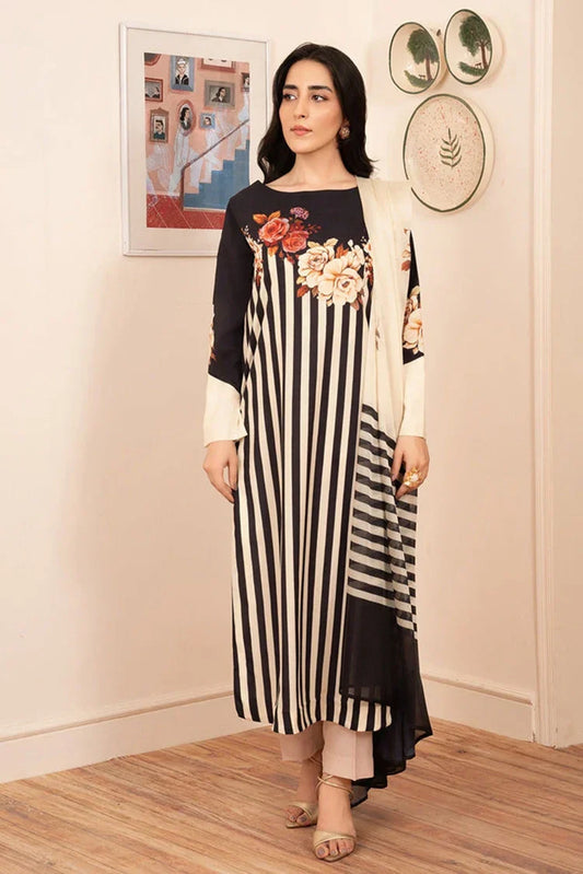 Picture of <!--bdl-->Stitch Vibes - Morganite RTW Collection - 3 PC - Black Striped Dress - Available at Raja Sahib