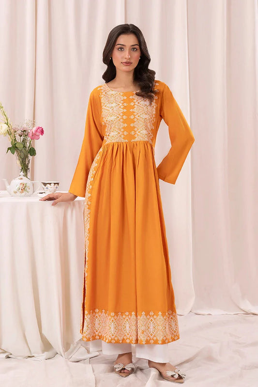 Zeek - Mustard Yellow Printed Long Kurta, Sleeves Separate Attatch - D2035