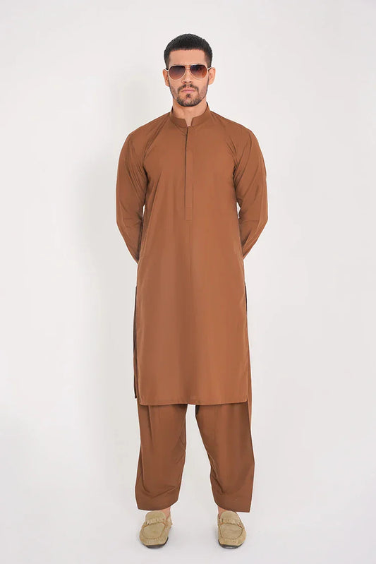 Tan Brown Blended Stitched Suit with Band Collar and Full Sleeves