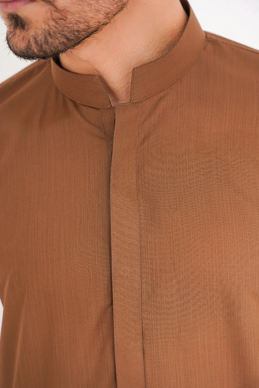 Tan Brown Blended Stitched Suit with Band Collar and Full Sleeves