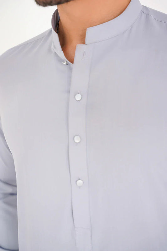 Light Grey Blended Stitched Dress with Band Collar