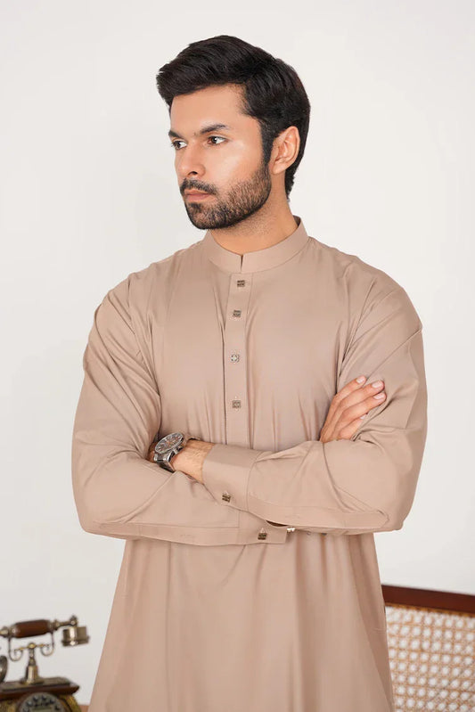 Khaki Blended Dress with Band Collar and Buttoned Placket