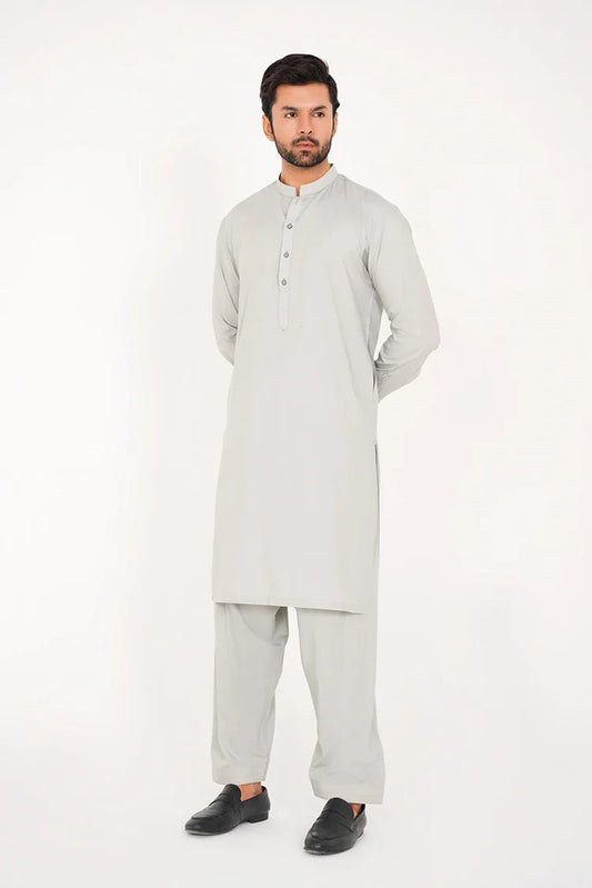 Ash Grey Blended Stitched 2 Pc with Band Collar and Buttoned Placket