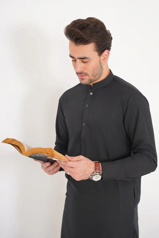 Black Stitched Stylish Suit with Band Collar and Double Placket