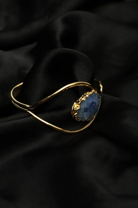 Zehnaz - Gold-Plated Cuff Bracelet with Blue Agate Geode Stone Statement Jewelry