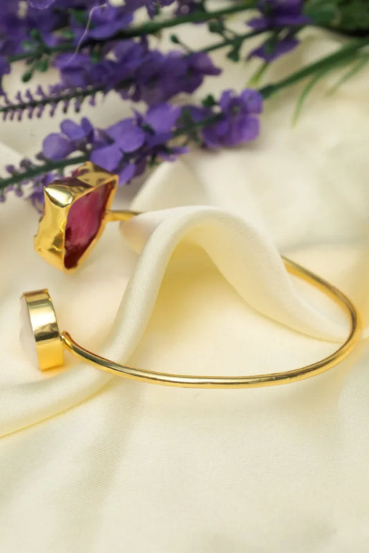 Zehnaz - Gold-Plated Druzy Agate Cuff Bracelet with Pink & White Stones