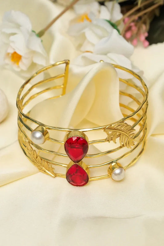 Zehnaz - Gold-Plated Multi-Band Red Stone & Pearl Cuff Bracelet