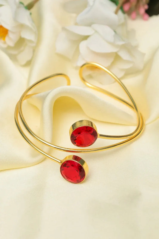 Zehnaz - Gold-Plated Open Cuff Bracelet with Red Oval Stones Statement Jewelry