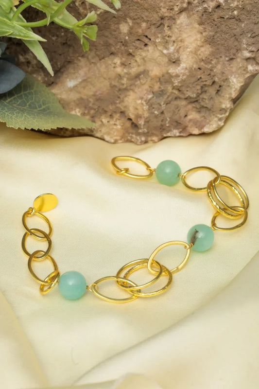 Zehnaz - Gold-Tone Chunky Oval Link Bracelet with Green Gemstone Beads