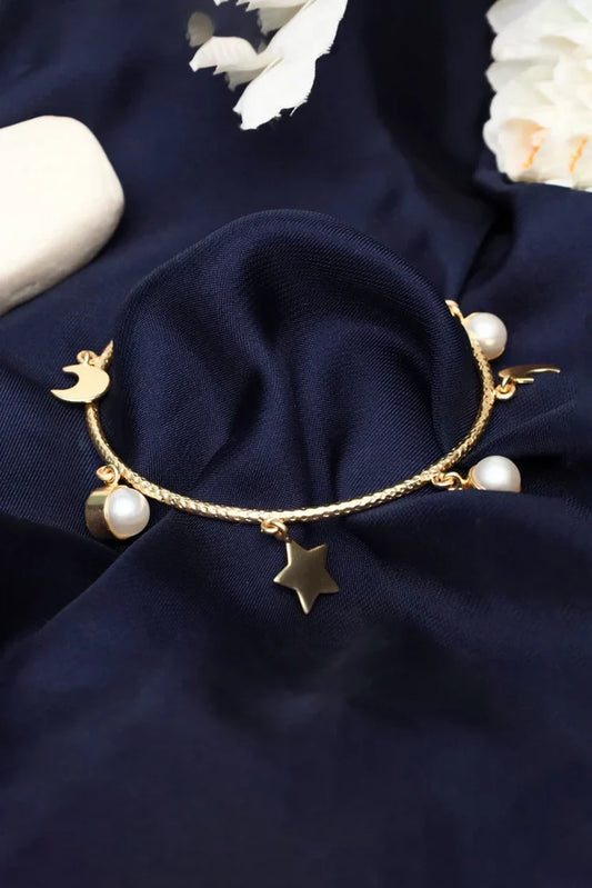 Zehnaz - Gold Tone Crescent Moon and Pearl Open Cuff Bracelet